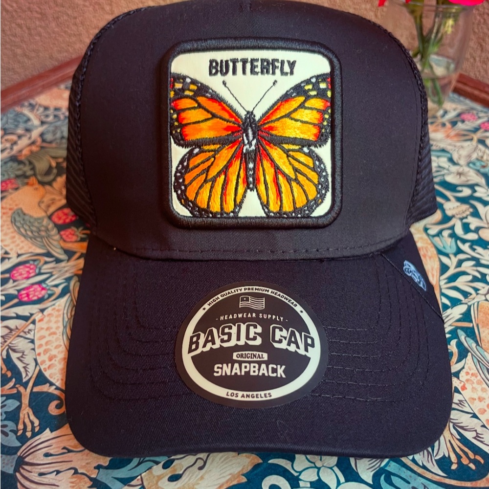 Unisex Trucker Black Cap with Orange Butterfly Patch